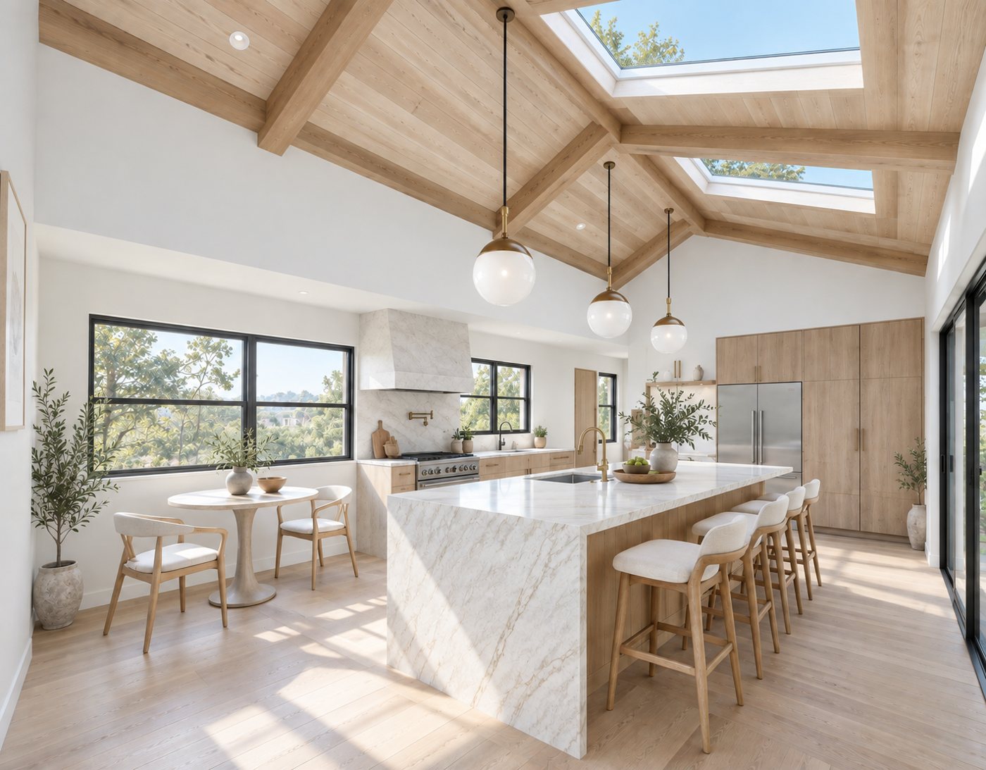San Marino kitchen with vaulted timber ceiling and skylights